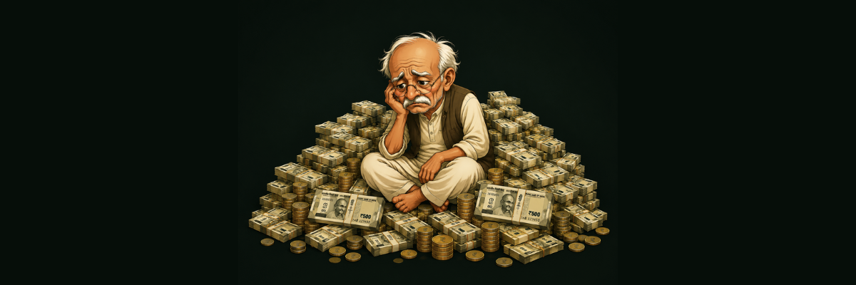 Illustration of an elderly man sitting cross-legged on large piles of Indian rupee notes and gold coins, looking worried and pensive