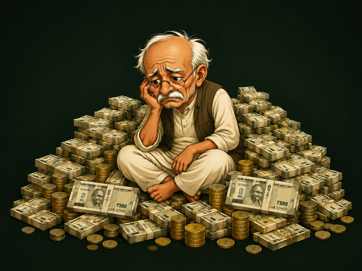 Elderly man sitting on piles of Indian rupee notes looking worried
